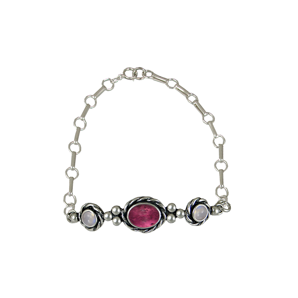 Sterling Silver Bracelet With Adjustable Chain Pink Tourmaline And Rainbow Moonstone